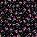 Simple cute pattern in small colorful flowers on black background.